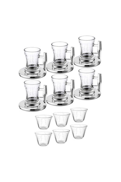 Dania Luxury Saudi Arabic Tea & Coffee Set 18Pcs-6 Glass Tea Cups with Silver Handles+6 Steel Tea Saucers+6 Saudi Coffee Cups-Elegant Engraved Design for Hospitality