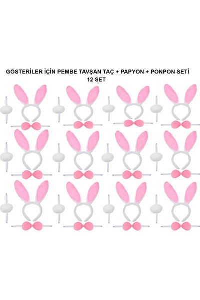 Askımo Pembe Tavşan Kostüm Seti - Taç, Papyon, Ponpon (12 li Paket)