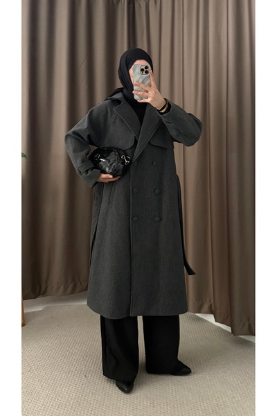 Hepsi Moda Pelerin Detaylı Kruvaze Yaka Kaşe Kaban - 4766 - Antrasit
