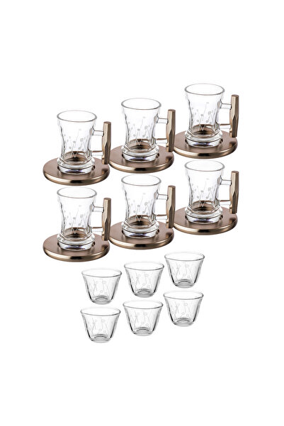 Dania Luxury Saudi Arabic 18Pcs Tea & Coffee Set - 6 Glass Tea Cups with Elegant Engraving & 6 Steel Saucers & 6 Saudi Coffee Cups - Modern Champagne Color Design