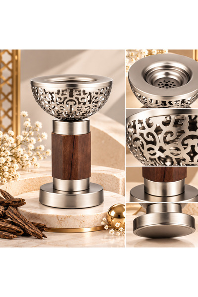 Dania Luxury 19cm Oriental Decorated Incense & Oud Burner - Elegant Metal Body with Wood Accents & Stable Round Base - High-End Decor for Home & Council