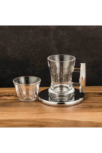 Dania Luxury Saudi Arabic Tea & Coffee Set 18Pcs-6 Glass Tea Cups with Silver Handles+6 Steel Tea Saucers+6 Saudi Coffee Cups-Elegant Engraved Design for Hospitality