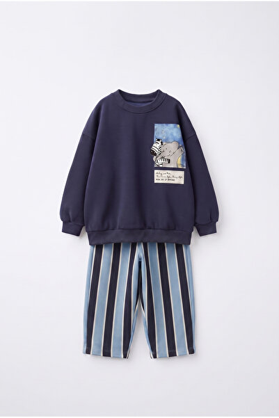 Magu Children's Cotton and Milo Navy Blue Sweatshirt and Striped Sweatpants Set