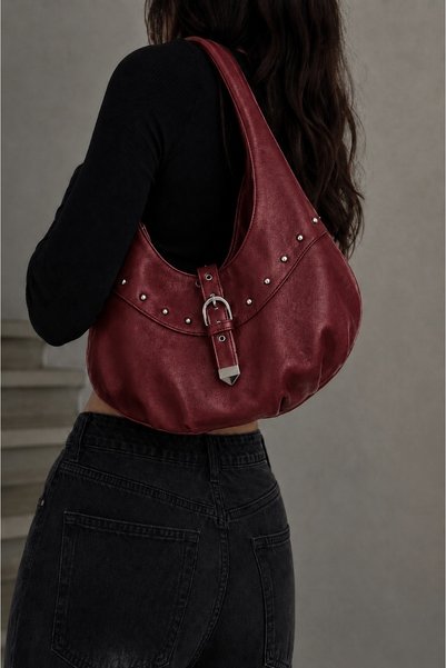 AVIVA Studded Buckle Half Moon Shaped Suede Women's Shoulder Bag