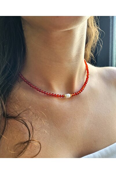 NEMOR STUDIO Red Camelian Agate Necklace |   4 mm Brilliant Sphere Cut |   Pe...