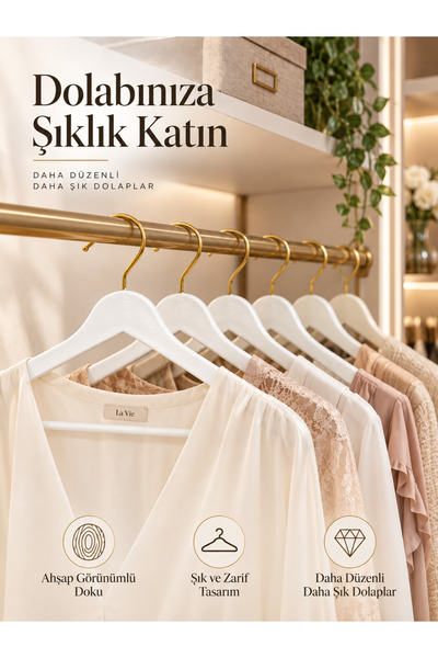 Hausgarten 12 Adet - Beyaz Gold Kancalı Ahşap Görünümlü Plastik Askı Kıyafet Elbise Gömlek Askısı
