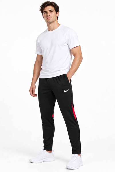 Nike Erkek Siyah Eşofman Altı Kırmızı Detaylı Fermuarlı Cep Spor Fitness Antr...