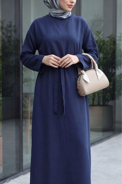 Modamorfo Beli Belted Diagonel Tensel Dress - Dark Blue