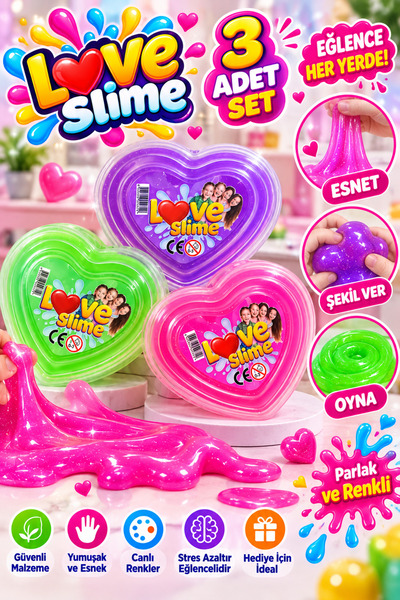 Alltoys Love Slime 3'lü Kalp Kutu Renkli Slime Seti – Esnek, Parlak ve Eğlenc...