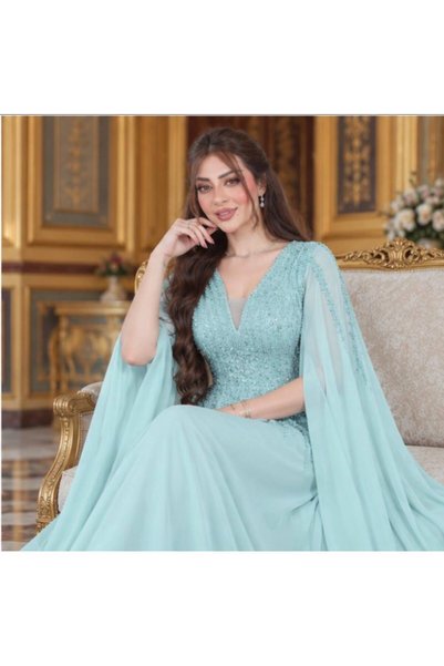 Generic Brand Luxury Evening Dress Sequin Beaded Gown with Chiffon Flare Sleeves