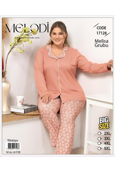 melodi طقم بيجامة بأزرار مقاس كبير سالمون 17128