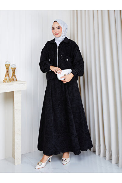 EFSUN MODA Women's Tesettür Velvet Skirt Suit with Pockets