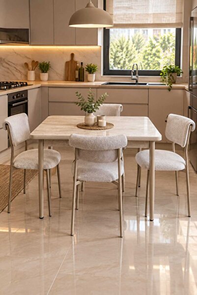 Tool AKSESUAR T-8051 TRAVERTEN MASA MDF 70X120 İBİZA KREM SANDALYE 4 KİŞİLİK ...