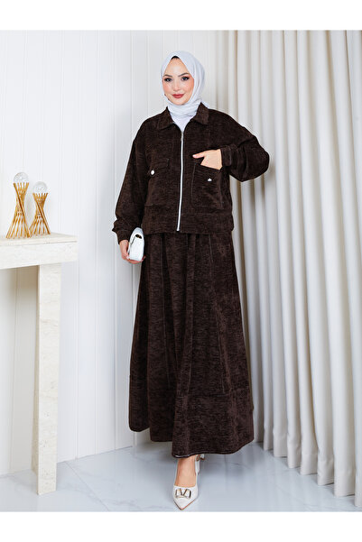 EFSUN MODA Women's Tesettür Velvet Skirt Suit with Pockets