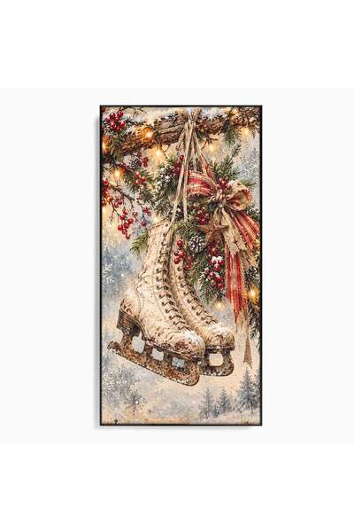 Luxcanva Tablou Canvas Patine De Craciun 70x140 cm cu Rama Negru Patinoar Iar...