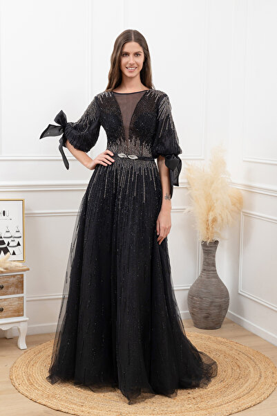 Generic Brand Rochie de seara neagra cu maneca si aplicatii din pietre