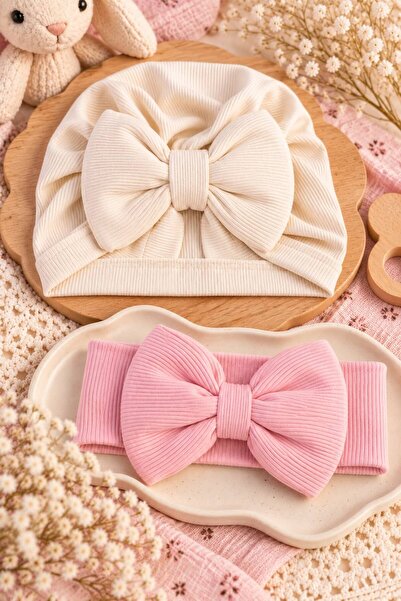 Pico Baby Bow-Tie Baby Cream Bonnet and Pink Bandana Set of 2