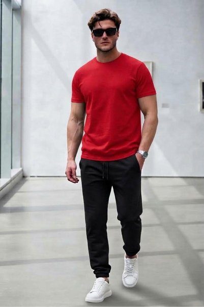NO 601 Men's Red Oval Slim Fit T-Shirt Black Summer Tracksuit Top and Bottom Set