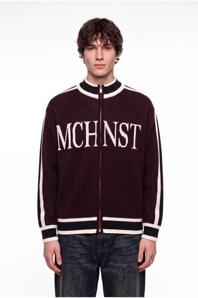 Machinist Men's Mchnst Written Sleeve Striped Zippered Knitwear Dark Brown