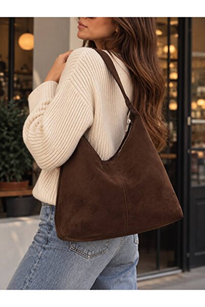 MENUSE ÇANTA Velora Suede Oversized Kangaroo Women's Shoulder Bag with Interi...
