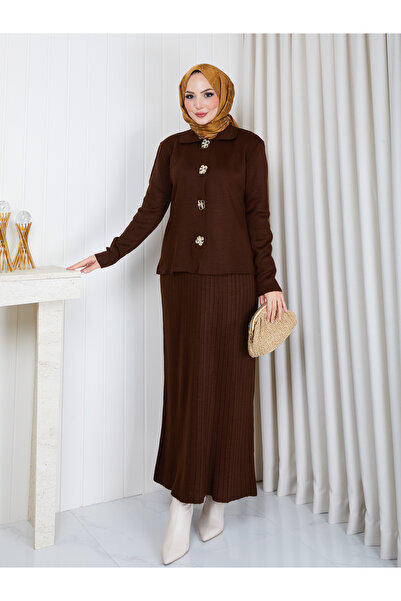 EFSUN MODA Women's Tight Knitted Suit with Buttoned Jacket and Skirt