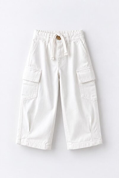 Minigimin Cicileri Boy's Ecru Gabardine Trousers with Cargo Pocket Detail - Ecru
