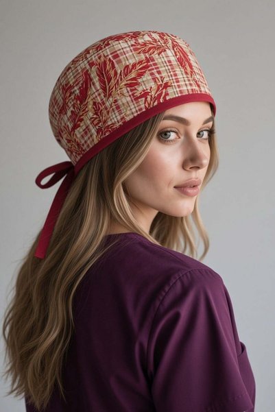 ÇİZGİ MEDİKAL Kırmızı Yaprak Desenli Bone (Cotton Likra Kumaş)
