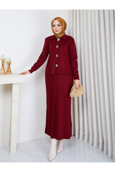 EFSUN MODA Women's Tight Knitted Suit with Buttoned Jacket and Skirt