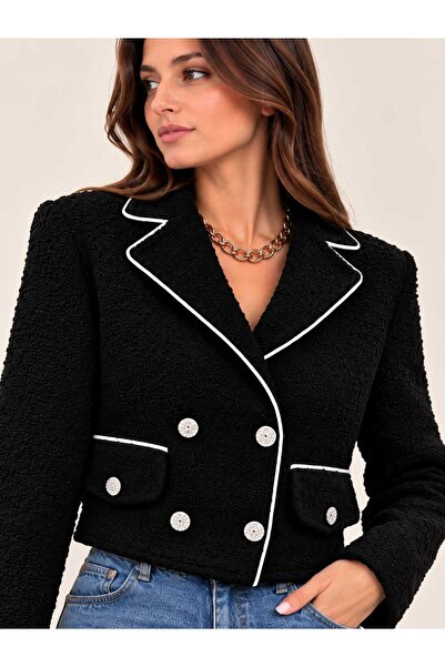 Benedetto New Season Premium Contrast Piping Stone Button Textured Cropped Bl...