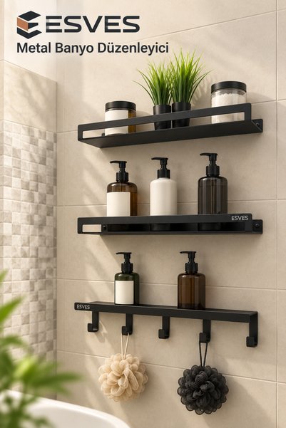 esves 3’lü Siyah Metal Banyo Rafı Seti Duvara Monte 5 Kancalı Askılı Banyo Dü...