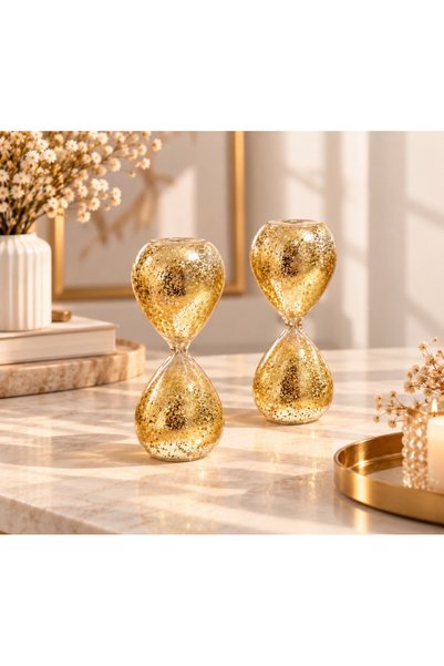 Nilove Concept Aksesuar 2’li Dekoratif Cam Kum Saati Gold Simli Şık Masa ve E...