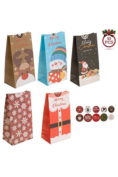 DD SHOP Pungi cadou Craciun din hartie, 10 bucati, 12x8x23 cm, cu modele fest...
