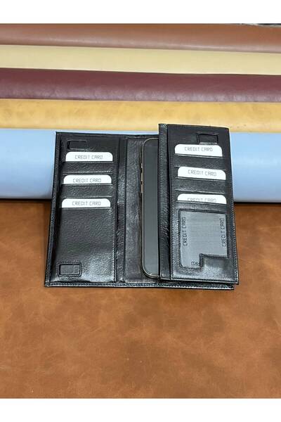 Deritarz Genuine Leather Wallet with Phone Compartment, Long Wallet with Magnetic Phone Holder - Black Unisex Black