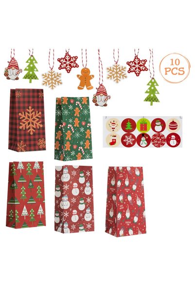DD SHOP Pungi cadou Craciun din hartie cu autocolante, rosii, 12x8x23 cm, 10 ...