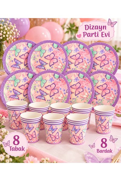 Dizayn Parti Evi Kelebek Temalı 8 Kişilik Doğum Günü Parti Seti – 8 Tabak 8 B...