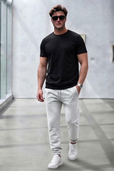 NO 601 Men's Black Oval Slim Fit Tshirt Gray Summer Tracksuit Bottom Top Set