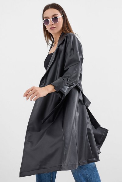 Modamorfo 1034 Trenci din piele artificială cu centură - negru