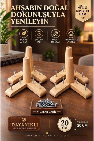 LEGORA WOOD DESIGN 20 cm Konik (Ham 4'lü Set) Ahşap Mobilya Ayağı 1. Sınıf Gü...