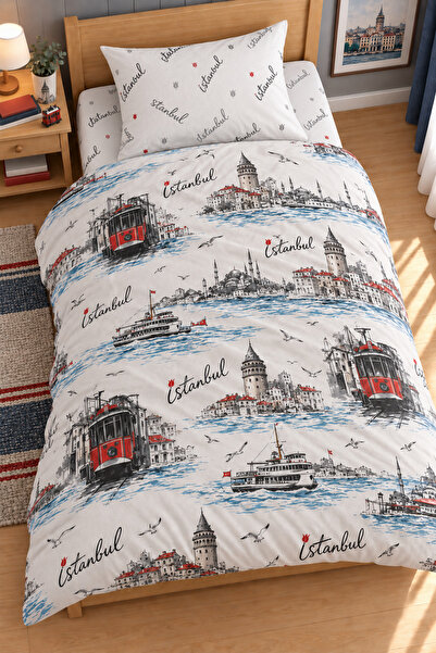 İQON Flat Sheet Duvet Cover Set Single Size Istanbul Historical (Special Desi...