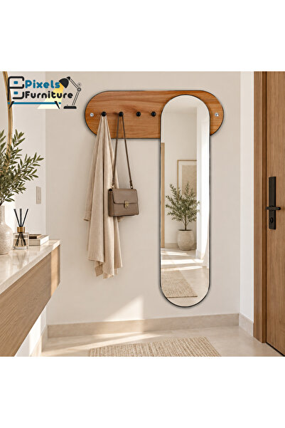 PixelsFurniture رف خشب معلق على الحائط مع مرآة وعلاقات ملابس من بكسل الأثاث 1...
