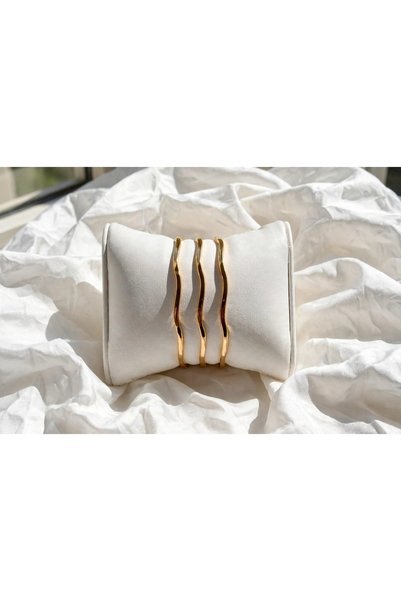 NUR STEEL LUXE 3’lü Ajda Bilezik Bileklik Seti Zikzak Model Çelik Gold Bilezik