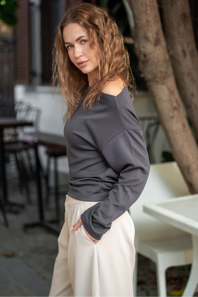 Oq Soft Textured Asymmetric Collar Long Sleeve T-Shirt Bluse