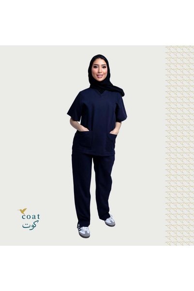 OEMS سكراب طبي نسائي ستريش كحلي من كوت، بلوزة وبنطلون - M