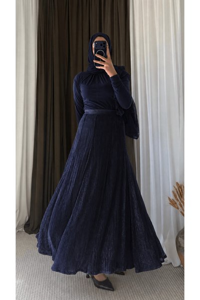 Hepsi Moda One-Shoulder Glittery Skirt Suit with Volan Detail - 5795 - Navy Blue