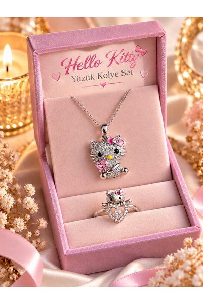 shop HELLO KITTY GÜMÜŞ TAŞLI YÜZÜK VE KOLYE ÇELİK SET