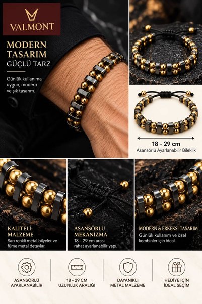 Valmont Adjustable Men's Bracelet with Shiny Anthracite Hematite Stone and Gold Color Beads