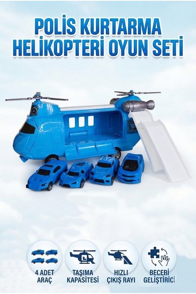 Tıfıl Toys Polis Kurtarma Helikopteri Oyun Seti 4 Arabalı ve Kaydıraklı 25 CM...