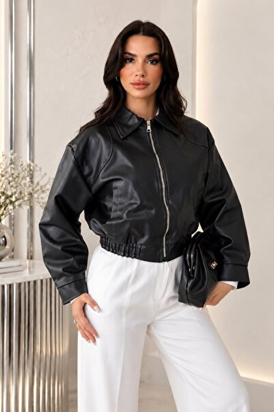 Potenza Women's Leather Jacket Short Double Pockets Elastic Waist Long Sleeve...