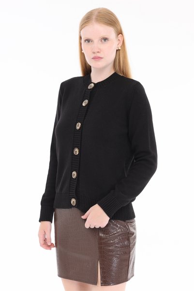 Trist Star Black Women's 100% Cotton Plain Knit Buttoned Crew Neck Knitwear Cardigan Trist-6171
