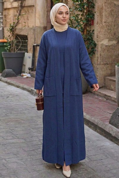 Neva Style Σετ Πλεκτό Ινδιγκομπλε Τεσσέτουρ με Τσέπες στο Γιακά Σάλι, Διπλό Σ...